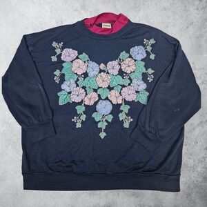 Vintage Basic Editions Plus Floral Pansy Granny Sweatshirt Double Collar 2X A124